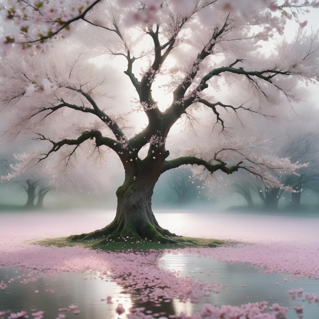 Majestic Cherry Blossom Tree in a Whirlwind of Petals
