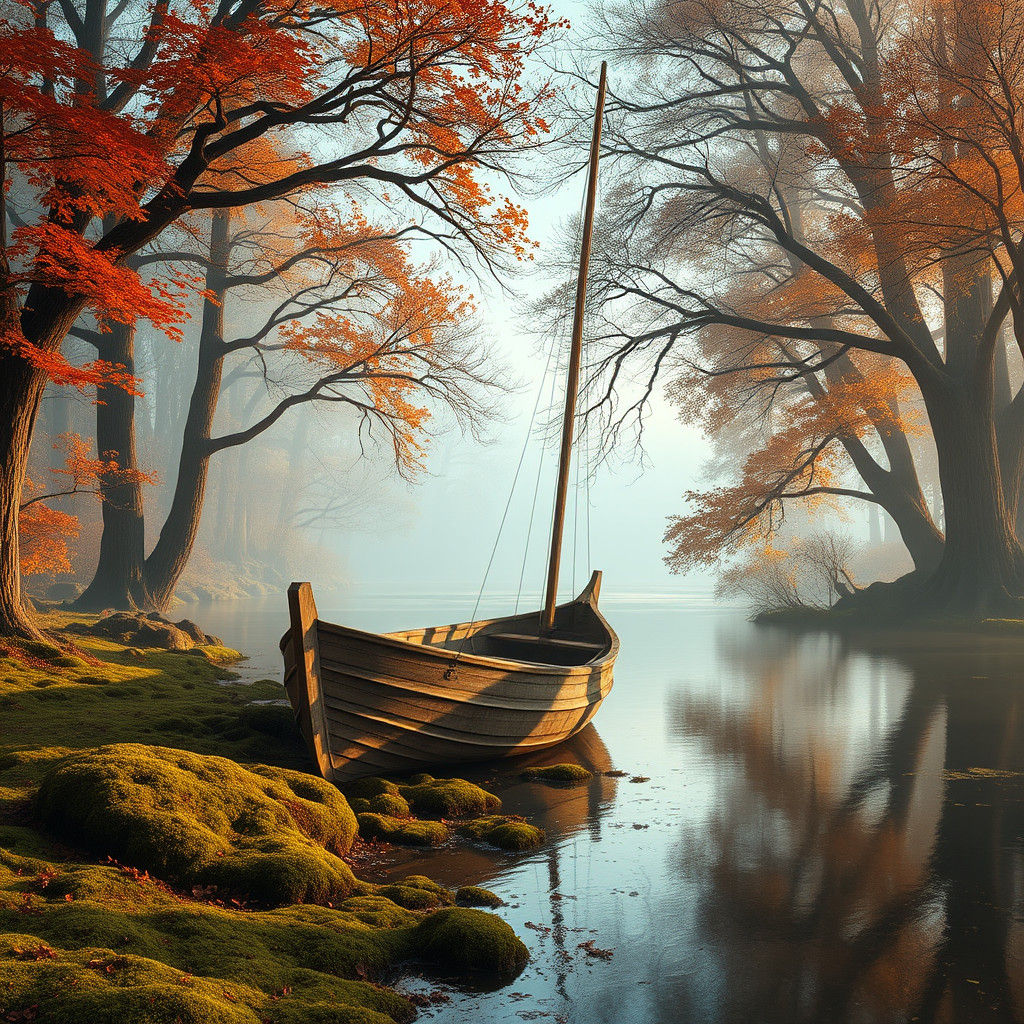 Autumnal Sailboat on Riverbank: Fantasy Concept Art