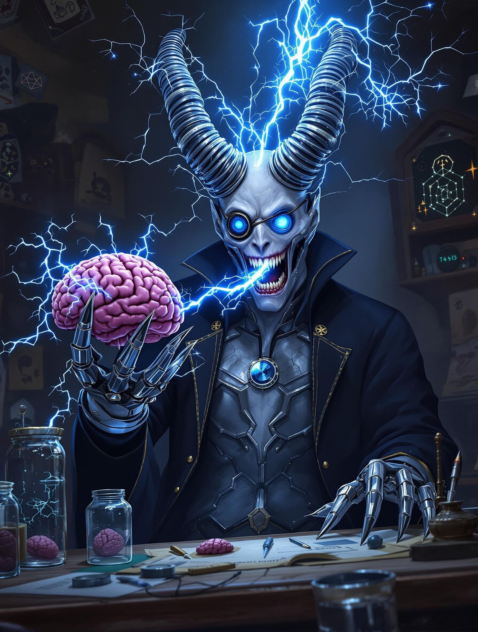 Steampunk Demon with Tesla Coils and Brain
