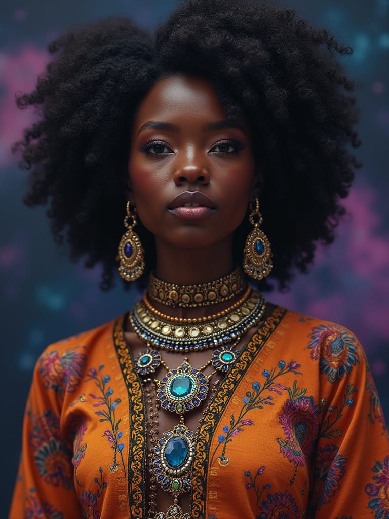 African-Inspired Goddess in Cosmic, Gemstone-Adorned Splendo...