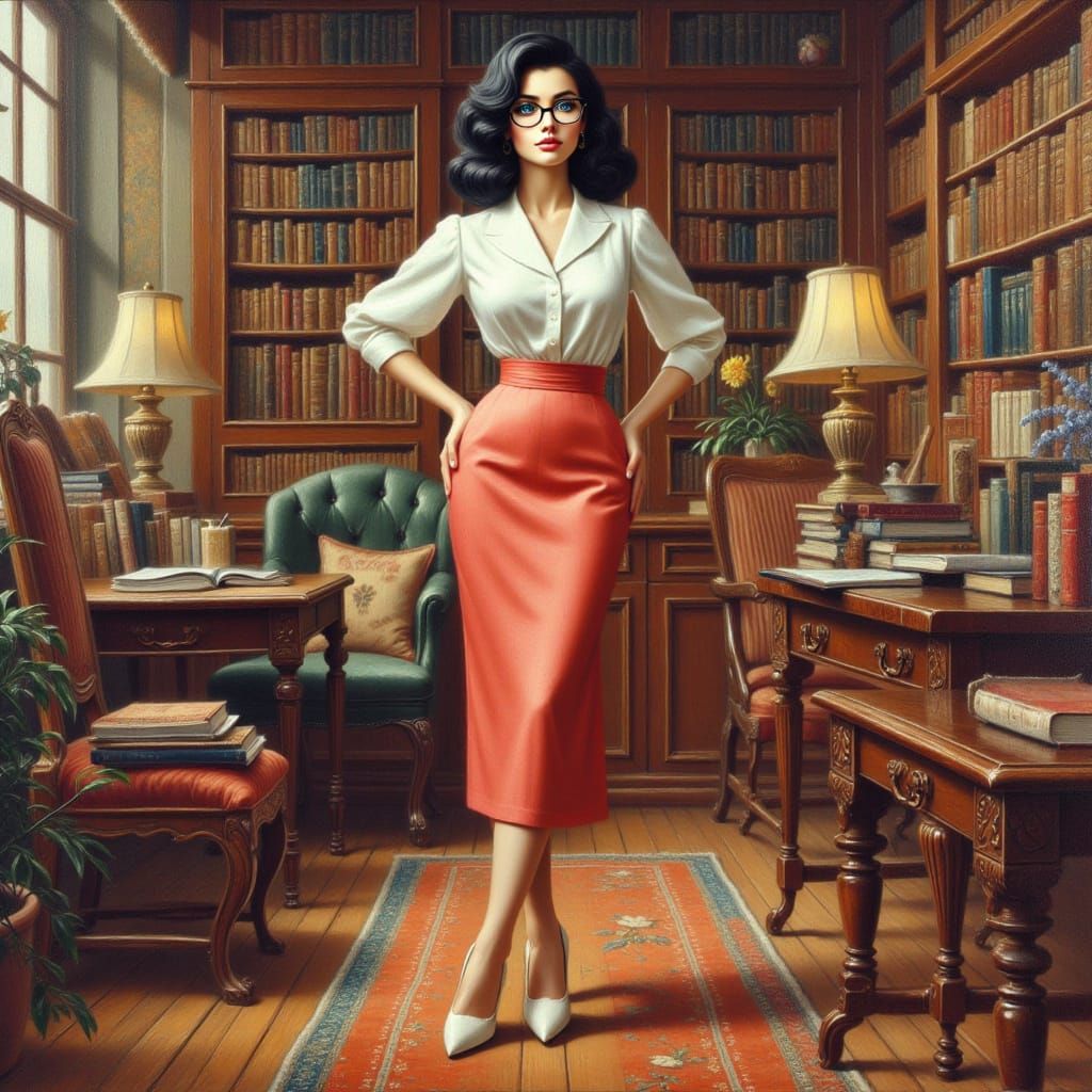 1940s Woman in Glasses, Oil Painting