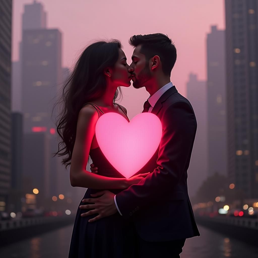 Lovers Kissing with Glowing Hearts in Monochrome