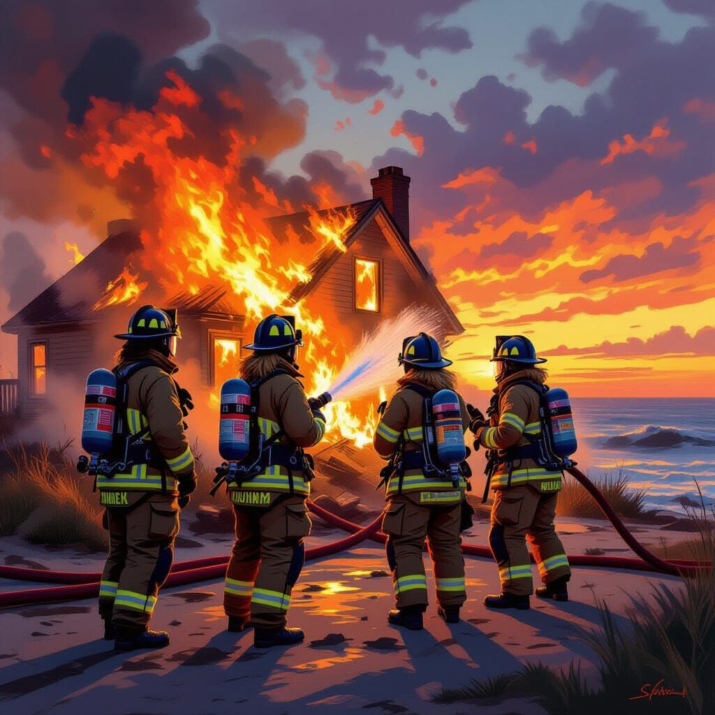 Oceanfront Firefighters in Expressive Digital Art
