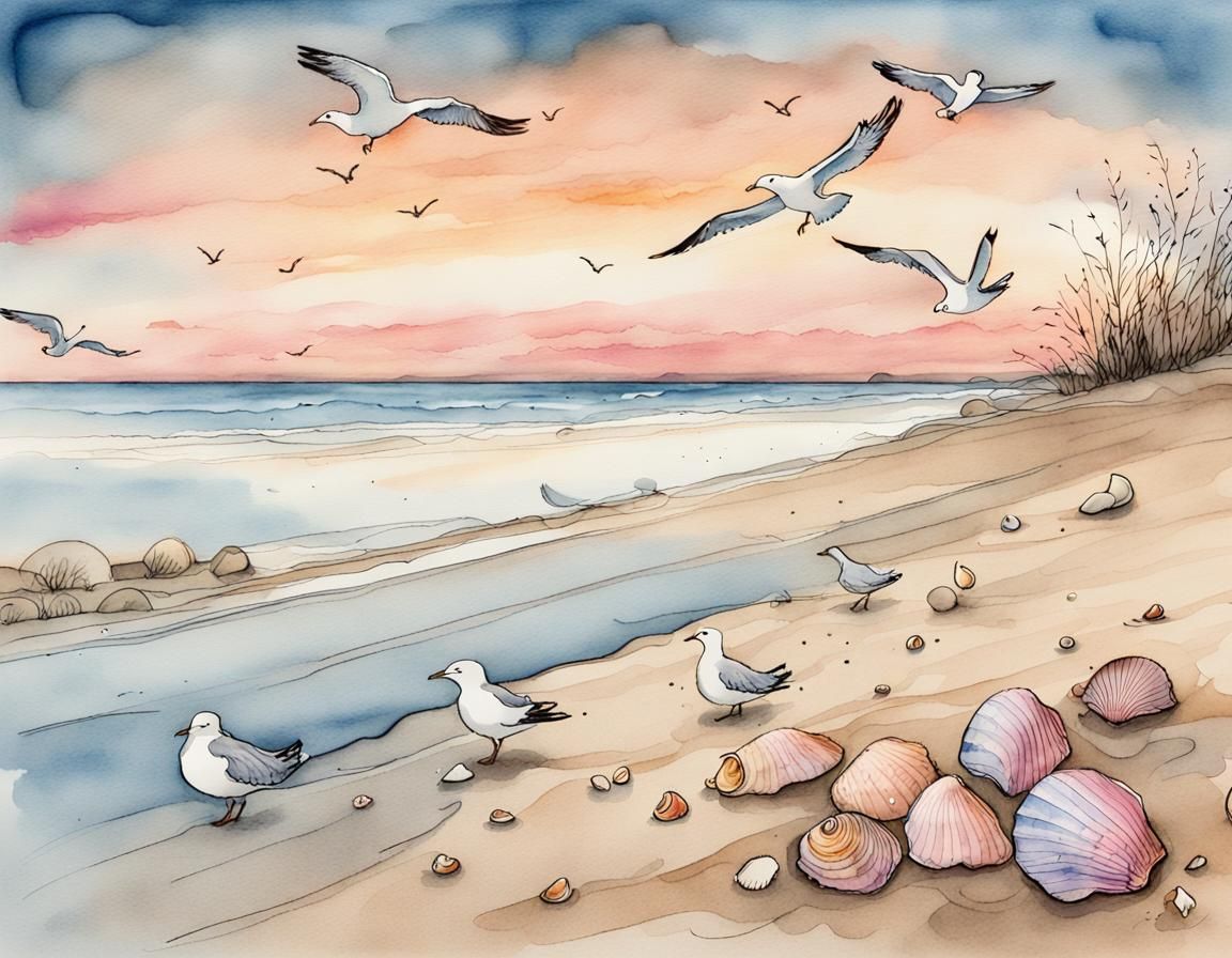 Seagulls on Sandy Beach at Dusk as Watercolor