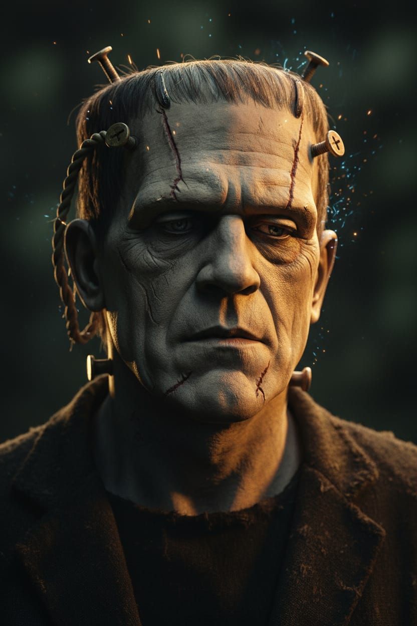 Frankenstein's Monster Headshot with Sparks and Screws