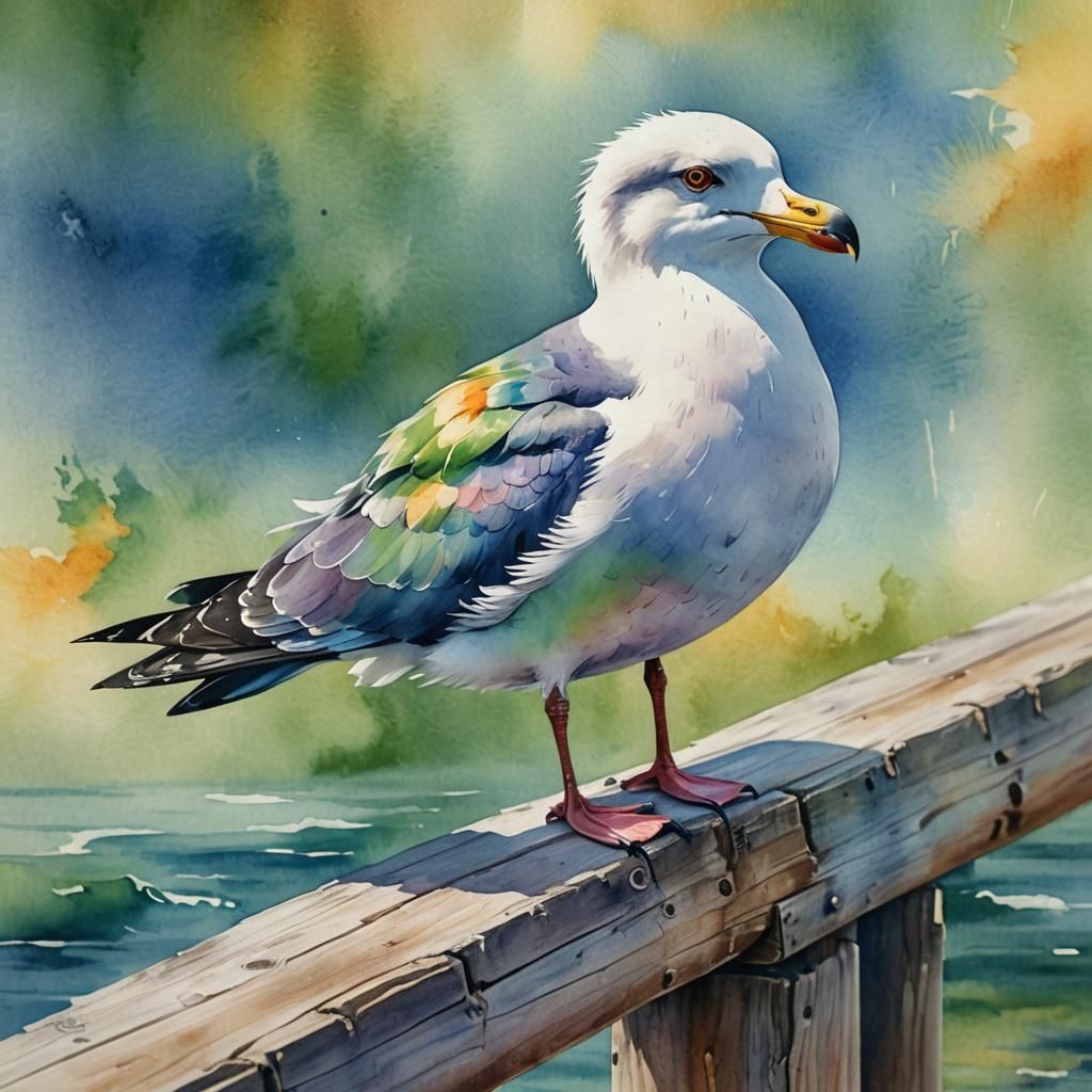 Rainbow Seagull Portrait in Watercolor Painting Style