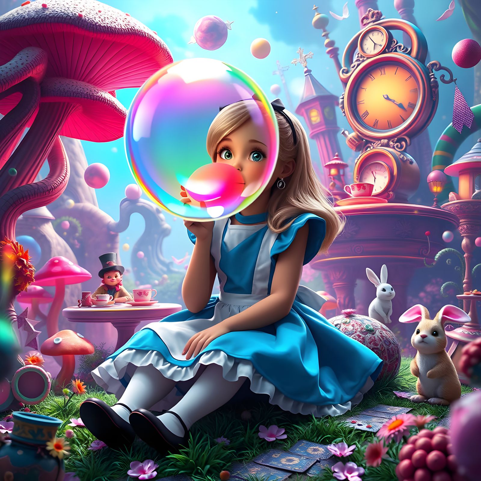 Surreal Wonderland Scene with Alice in Vibrant Colors