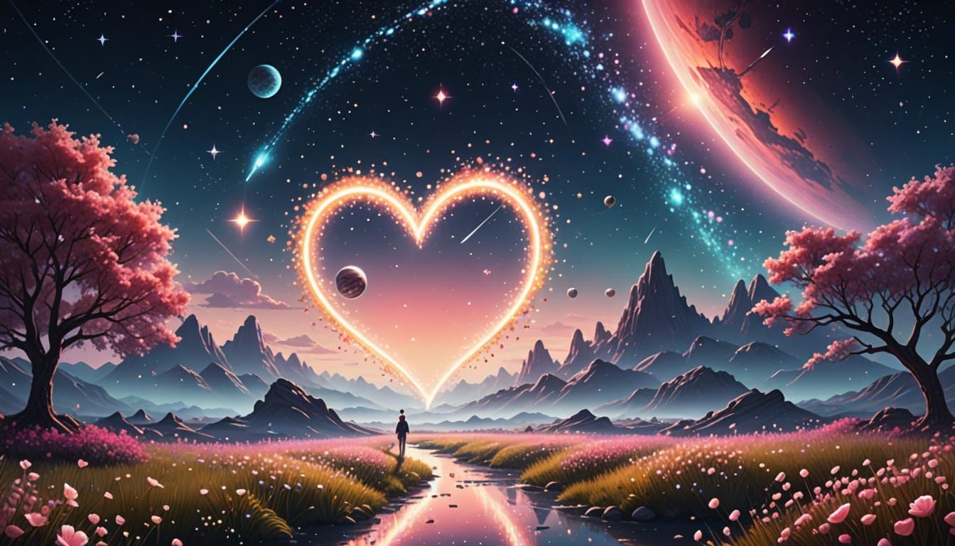 Cosmic Whimsy: Two Planets United by Glowing Heart Bridge