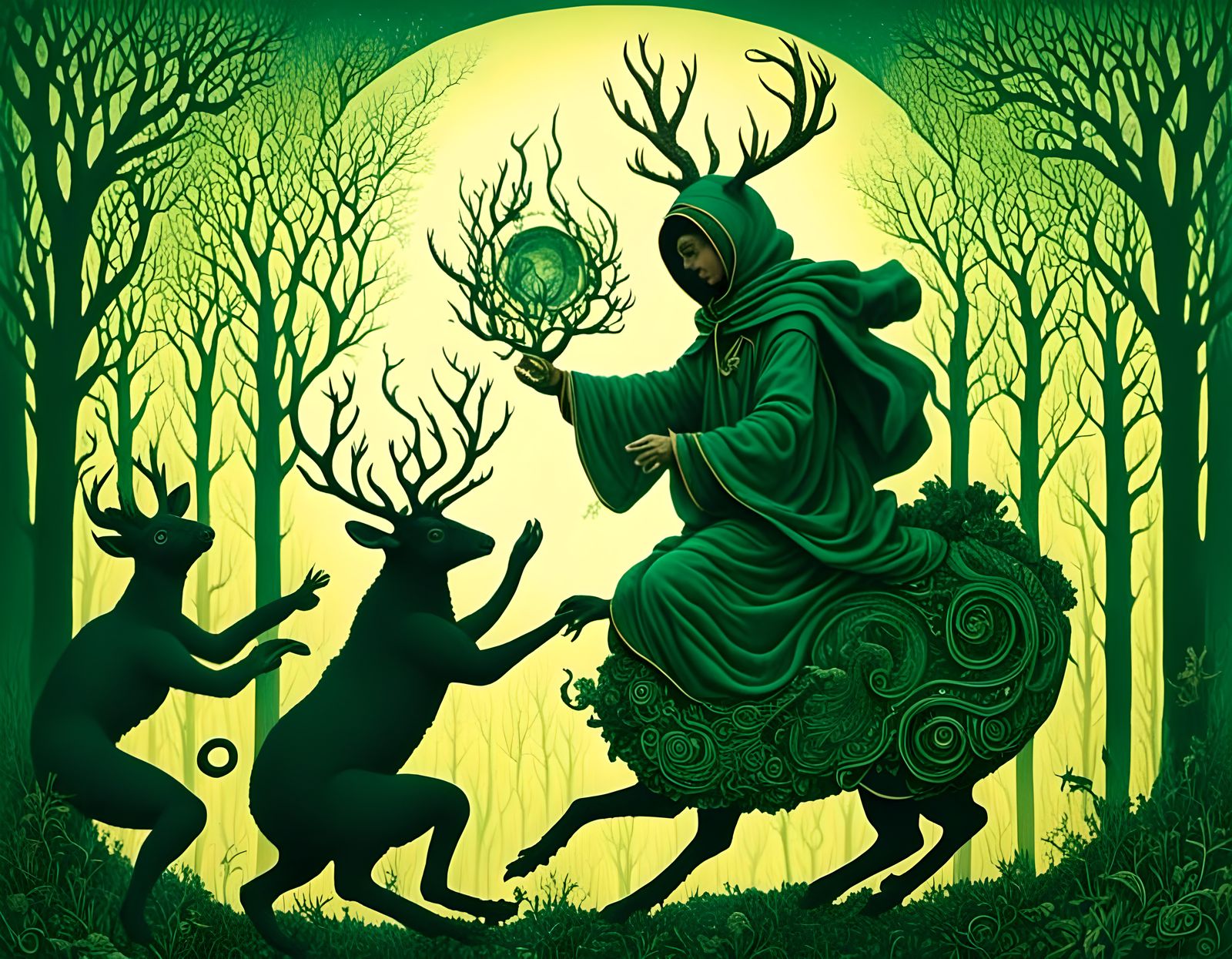 Pagan Priests and Horned God Cernunnos in Forest