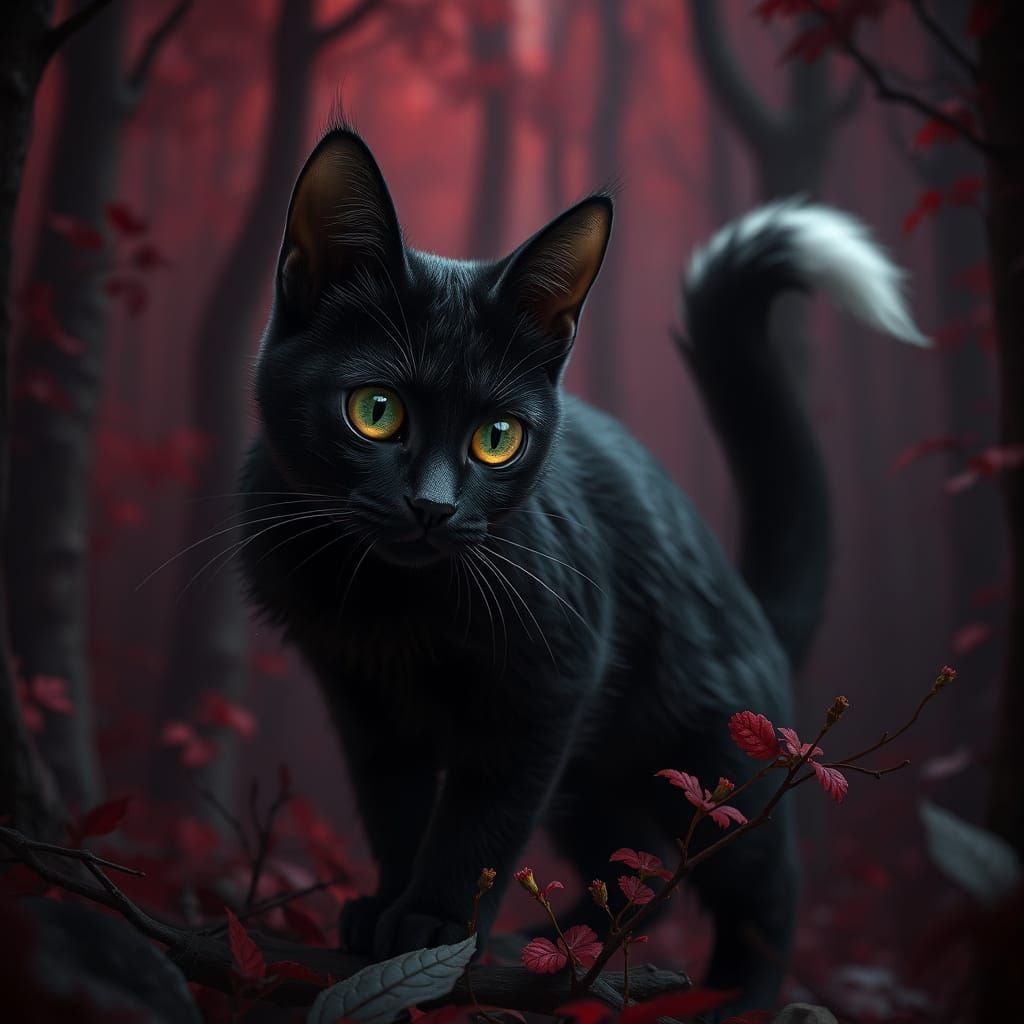 Mysterious Black Cat in a Dark Red Forest