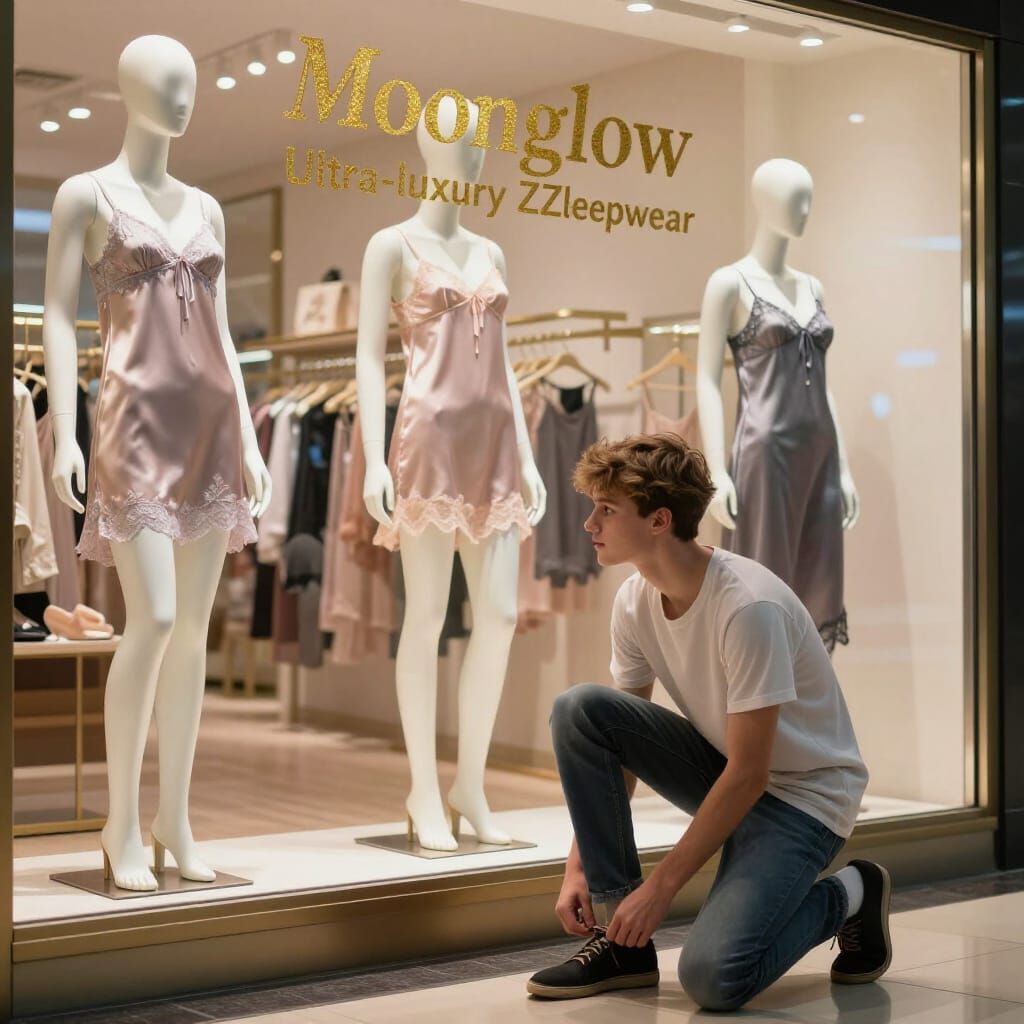 Teen Boy Gazes into Luxury Sleepwear Shop Window