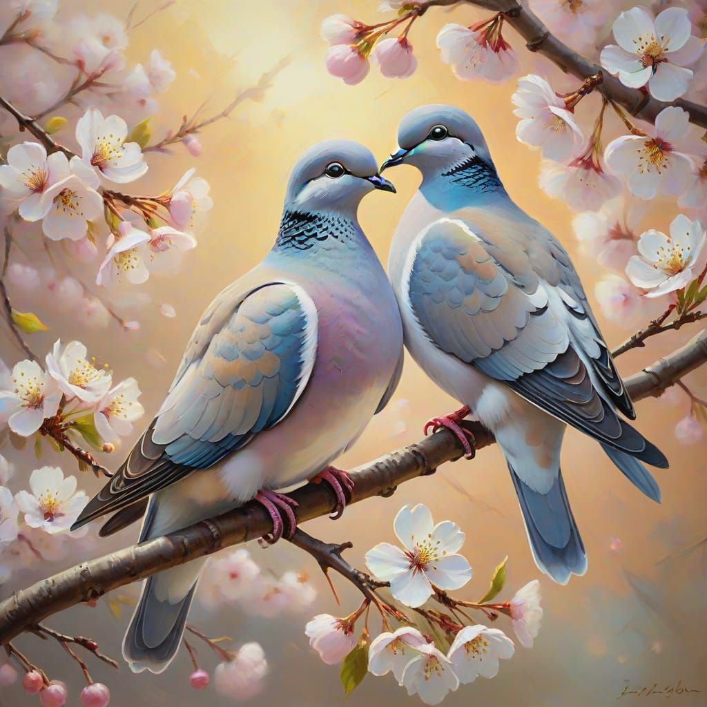Impressionist Oil Painting of Doves on Cherry Blossom Branch