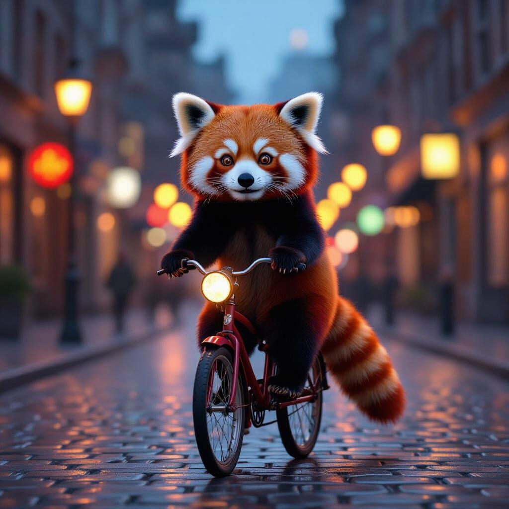 Red Panda Cycles Through City at Dusk in Whimsical Style