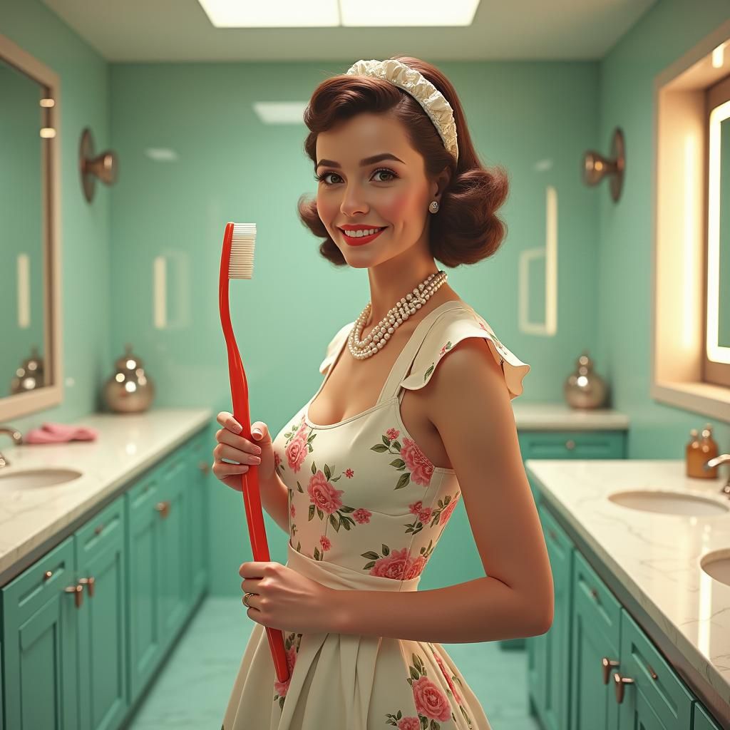 Retro-Futuristic Housewife in Art Nouveau Bathroom