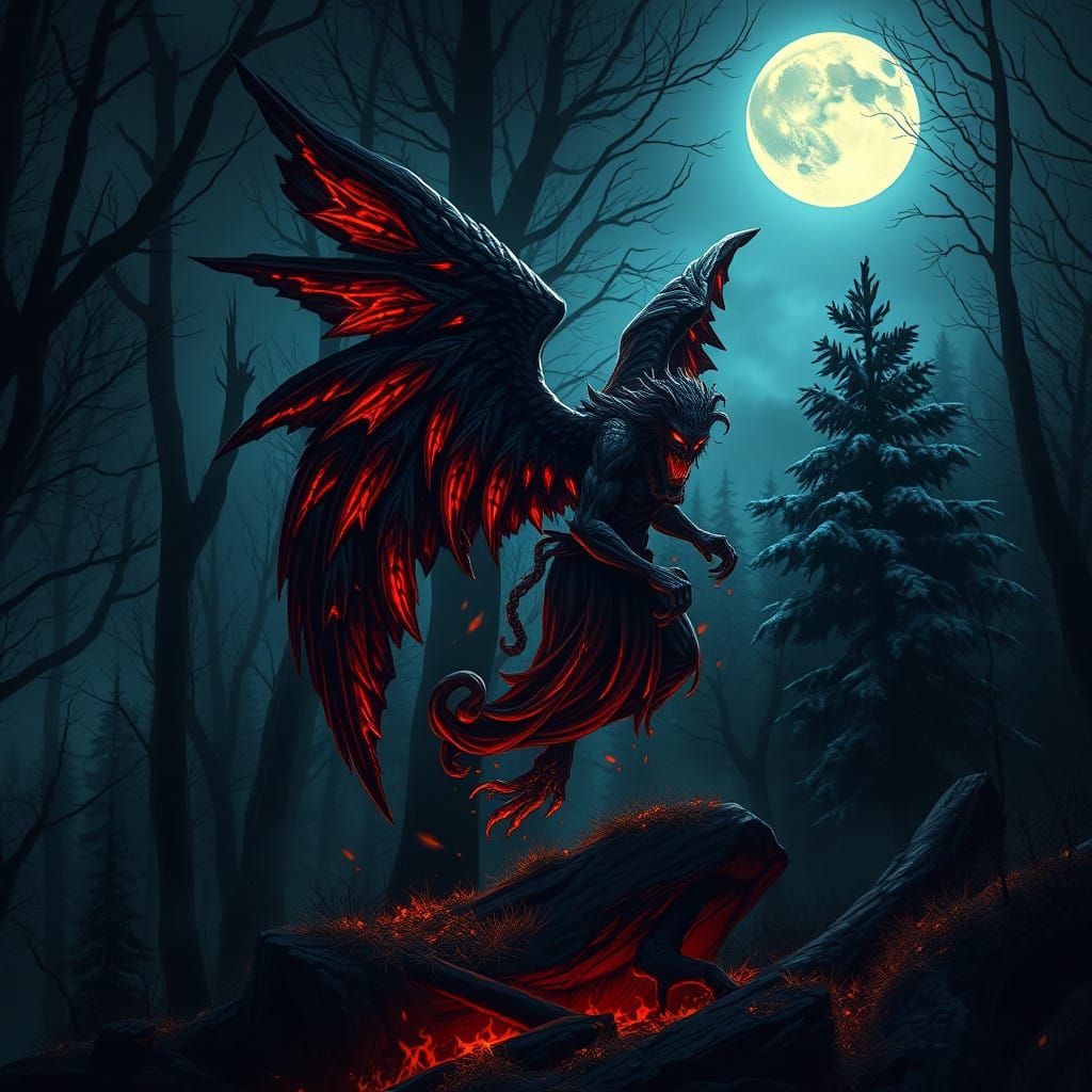 Moonlit Dark Angel in Fiery Anguish