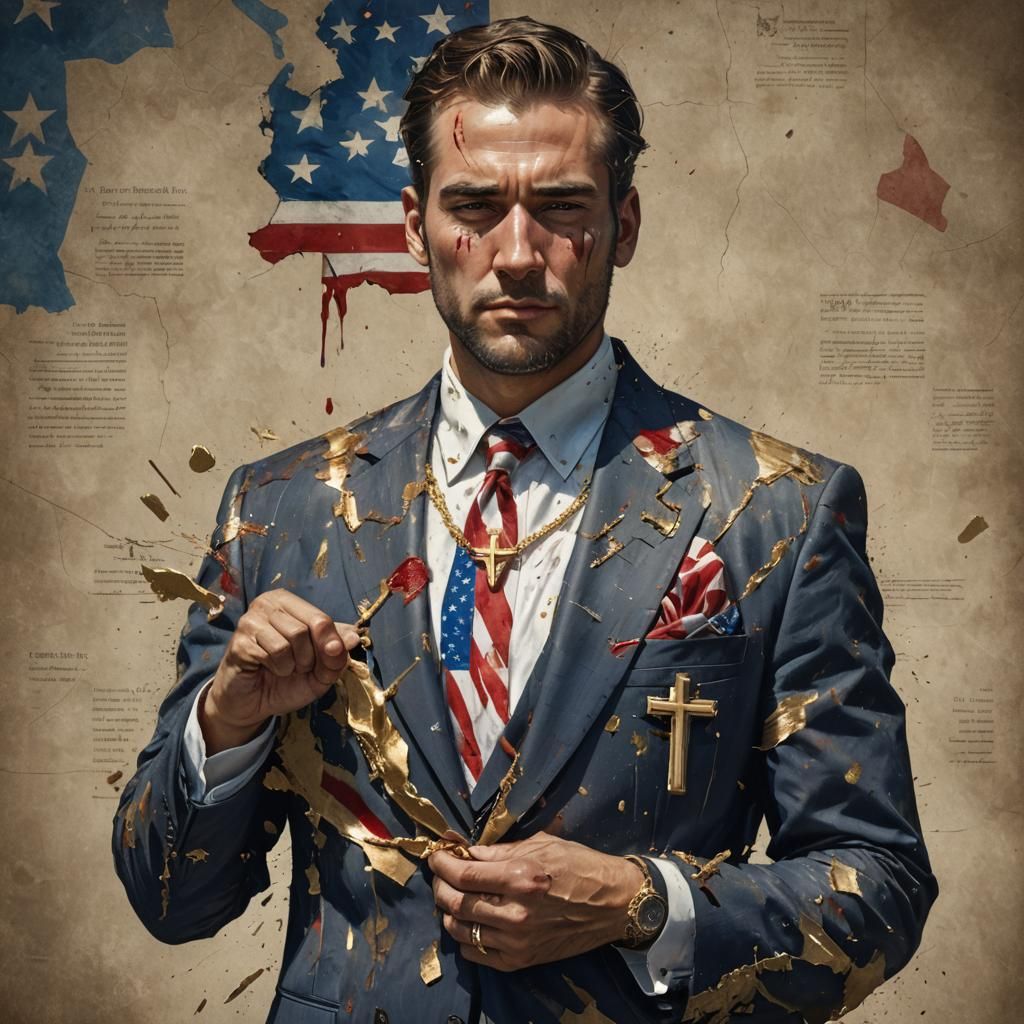Man in Flag Suit Tears Constitution: Detailed Digital Art