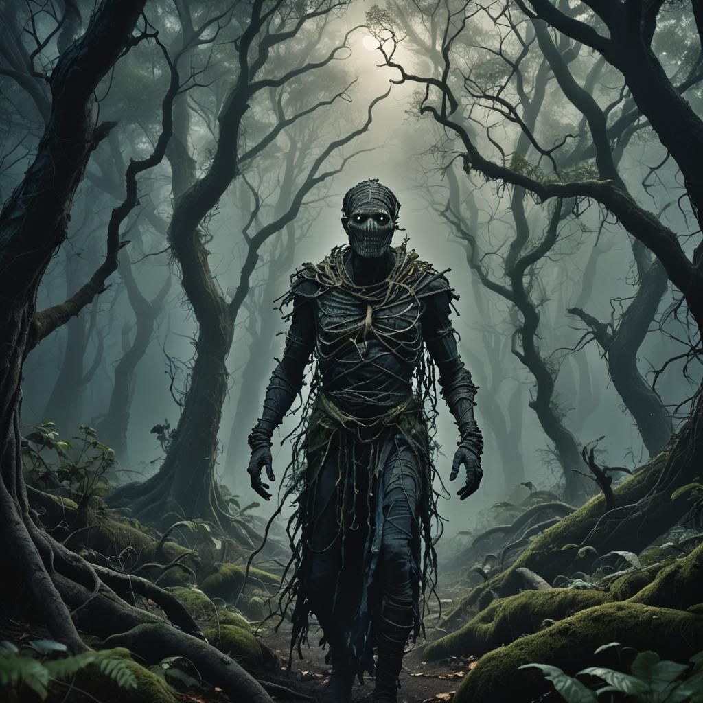 Black Mummy in Misty Forest: Dark Fantasy Art
