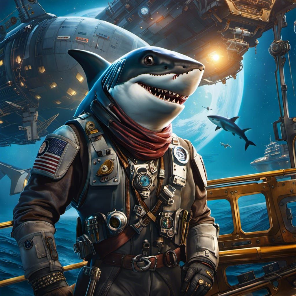 Shark Space Pirate Ready to Board Freighter