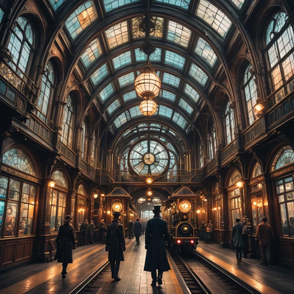 Steampunk Victorian Train Station with Stained Glass