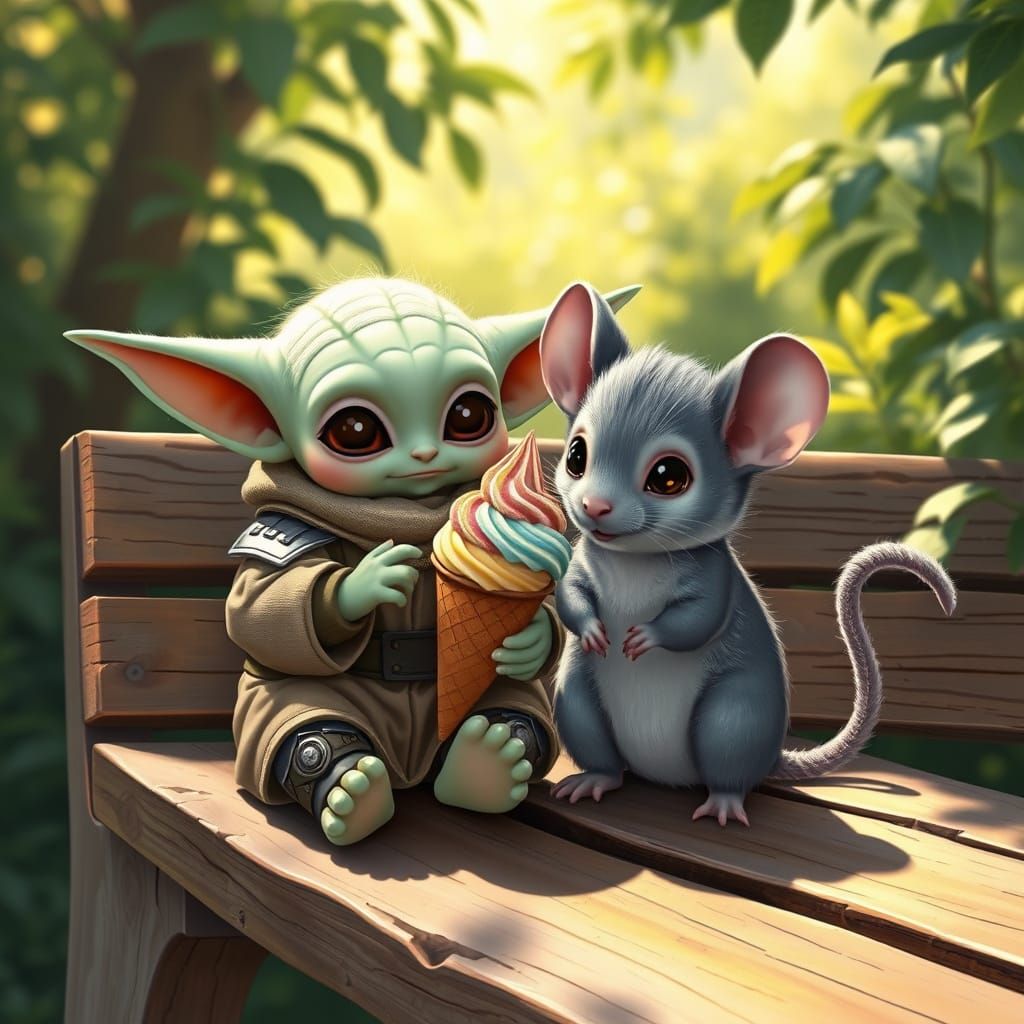 Whimsical Summer Scene with Baby Yoda and Mouse in Beskar Ar...