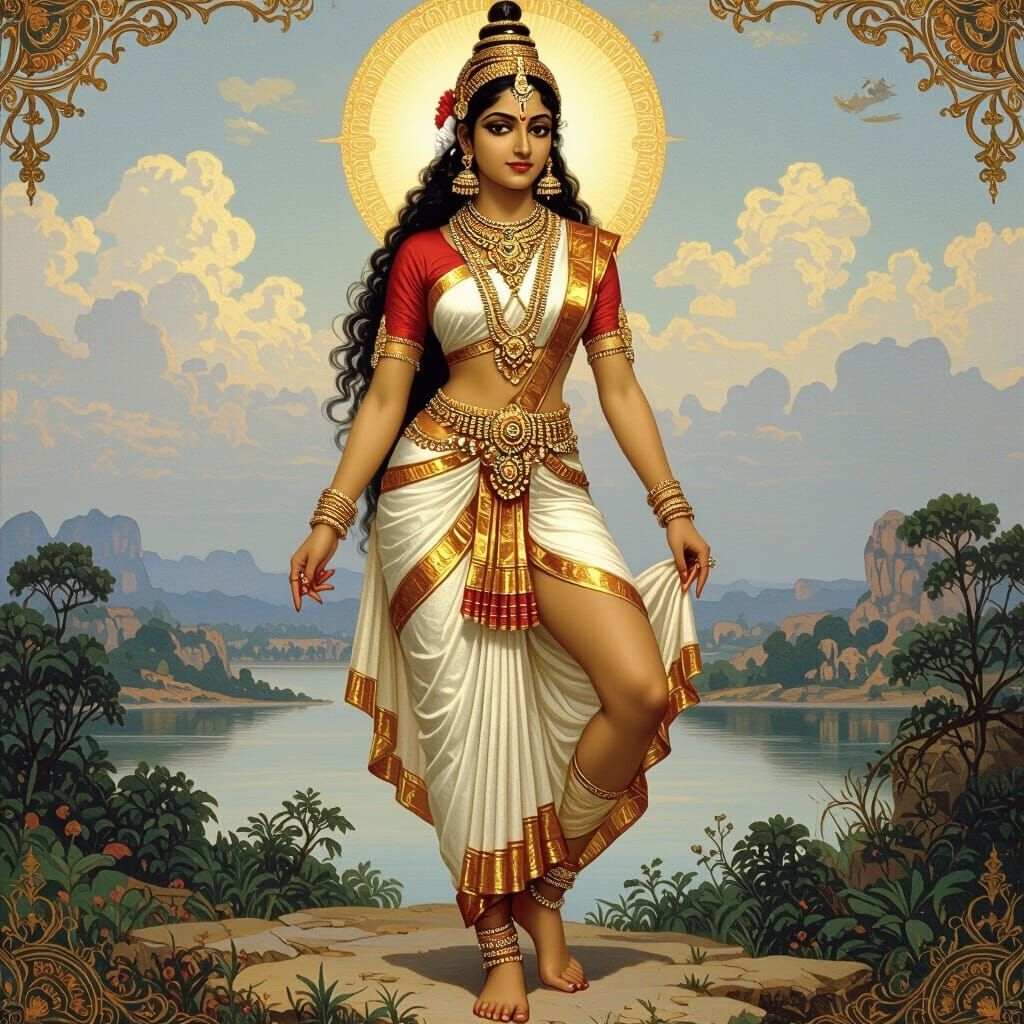 Indian Goddess in Serene Landscape, Inspired by Classical Ar...