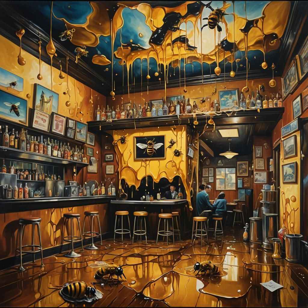 Honey Bee Dive Bar: Surrealist 50s Oil Painting