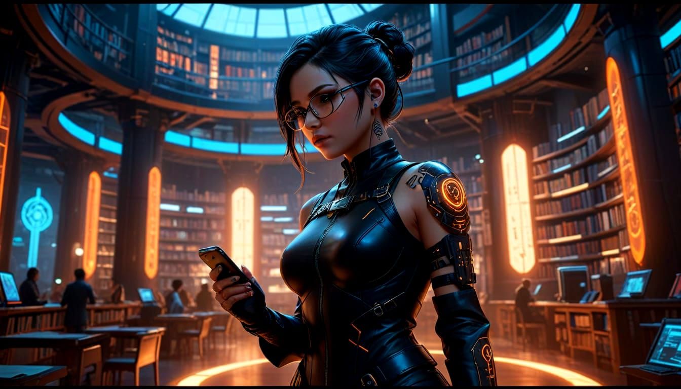Elegant Cyberpunk Librarian in Futuristic Circular Library