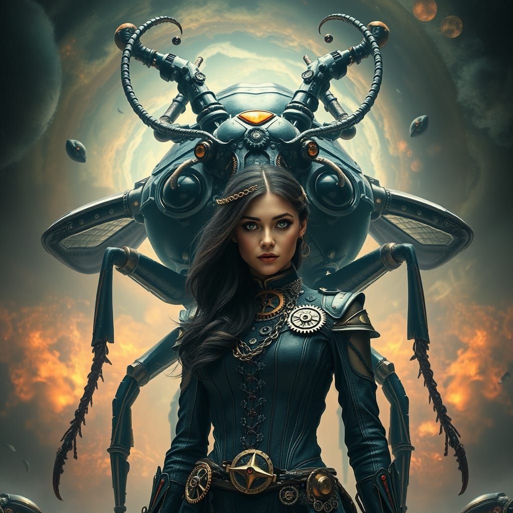Steampunk Woman and Mechanical Scarab in Hyperrealistic Styl...