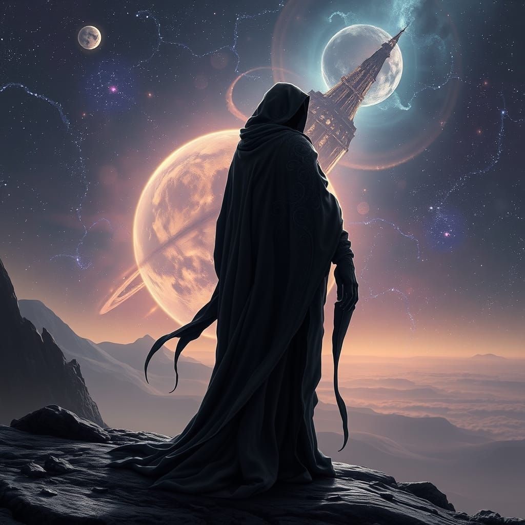 Dark Cosmic Being in Ethereal Starry Expanse