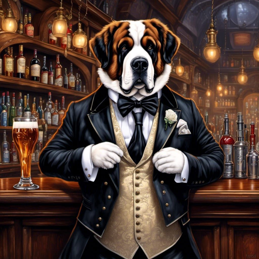Anthro St. Bernard Bartender in Victorian Pub