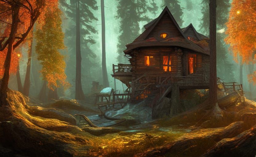 Fantasy Hag's Cabin in Autumn Forest as Matte Painting