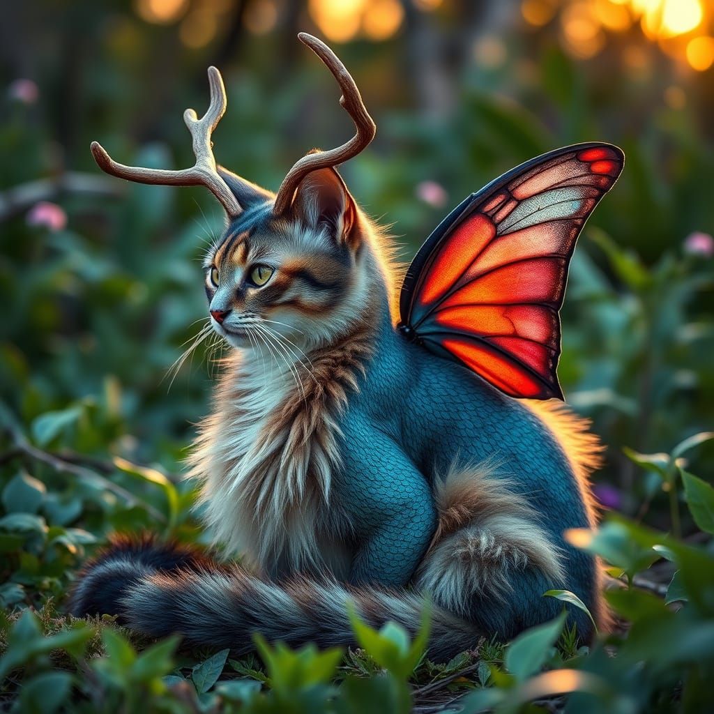 Whimsical Dragon Cat in Vibrant Garden Setting