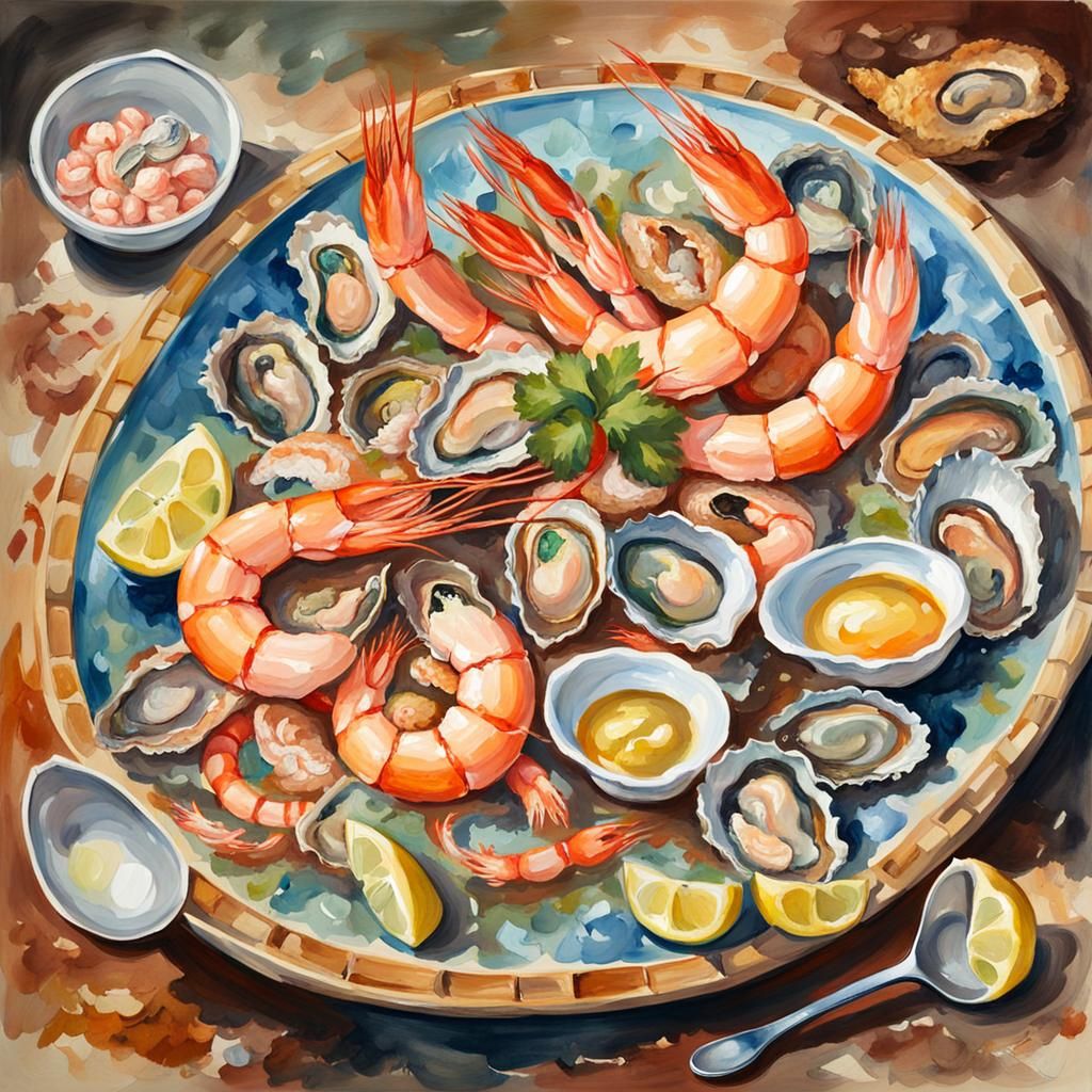 Seafood Platter in Gouache Impressionist Style