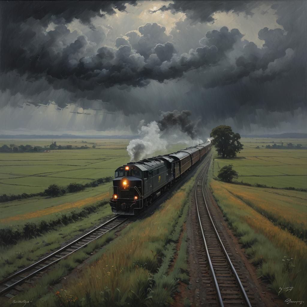 Lonely Train Amidst Gloomy Night: Oil Painting