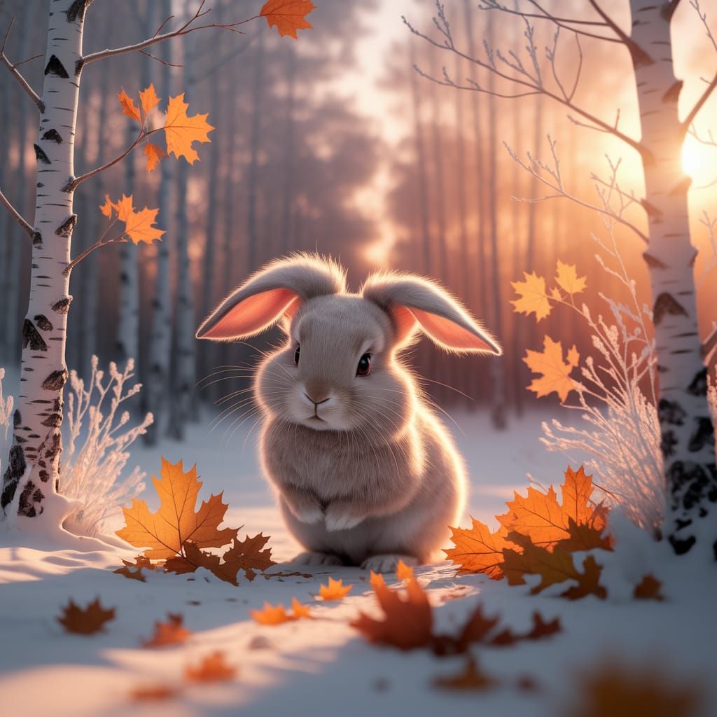 Bunny Playing in Autumn Leaves at Winter Sunset