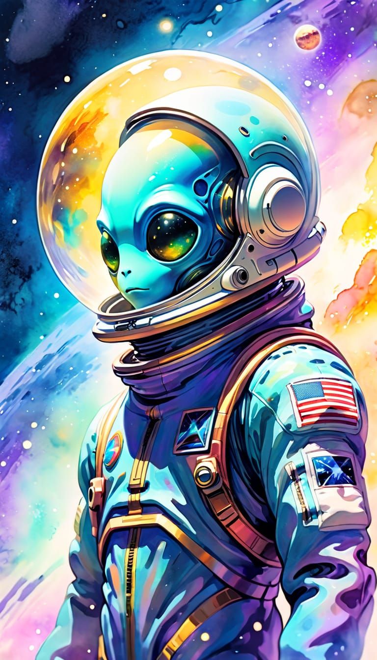 Surreal Space Suit Fantasy Art in Vibrant Watercolor Style
