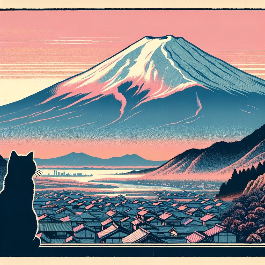 Mount Fuji Sunrise in Woodblock Print Style