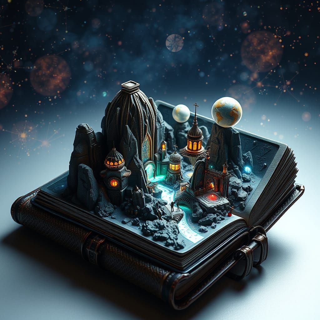 Ethereal Fantasy World Emerges from Open Book in Cyberpunk S...