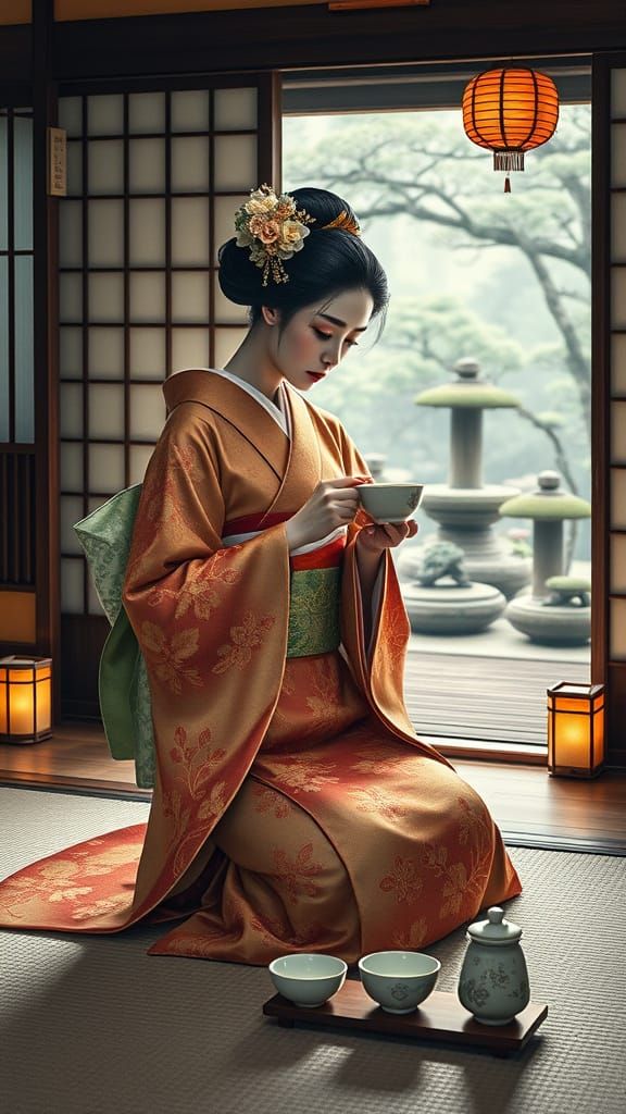 Elegant Geisha Serves Tea in Serene Kyoto Tea House