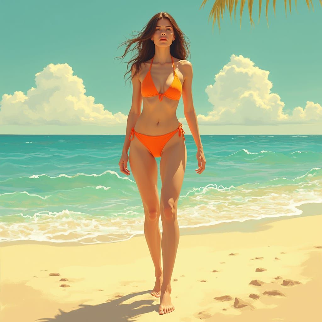 Woman on Beach in Art Nouveau Style