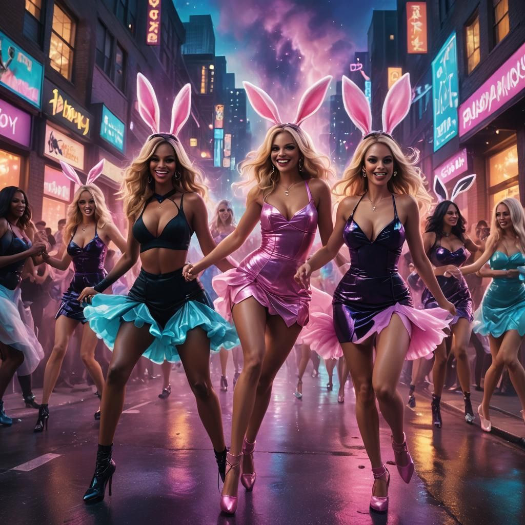 Playboy Bunnies Dancing in Neon Cityscape