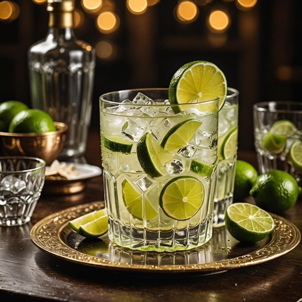 Elegant Caipirinha Cocktail with Lime and Gold Plate