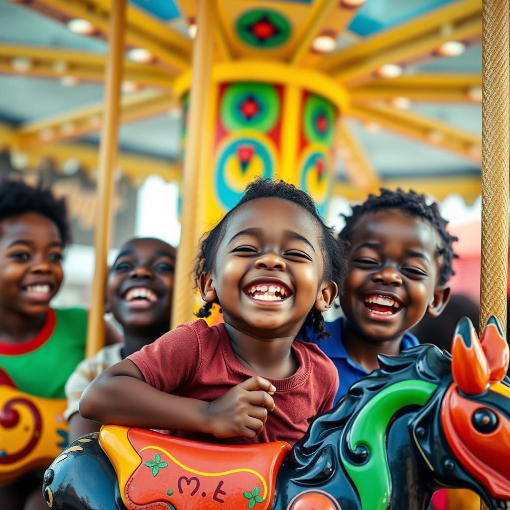 Joyful Black Children on a Vibrant Merry-Go-Round