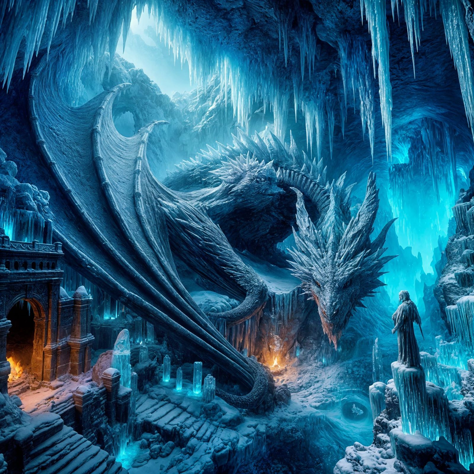 Epic Winter Kingdom Cavern Scene in Hyperrealistic Style