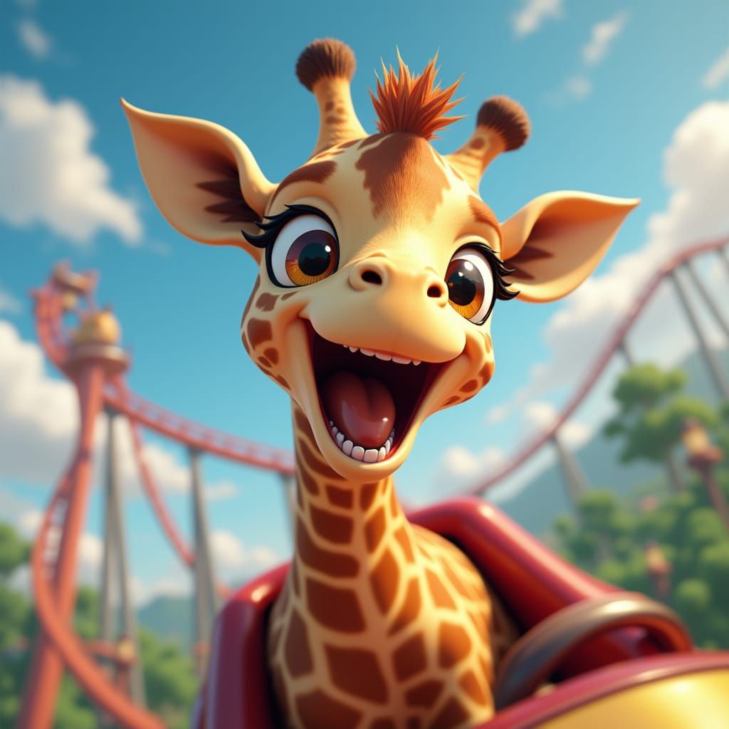 Giraffe's Thrilling Rollercoaster Ride: Anime-Style 3D Art