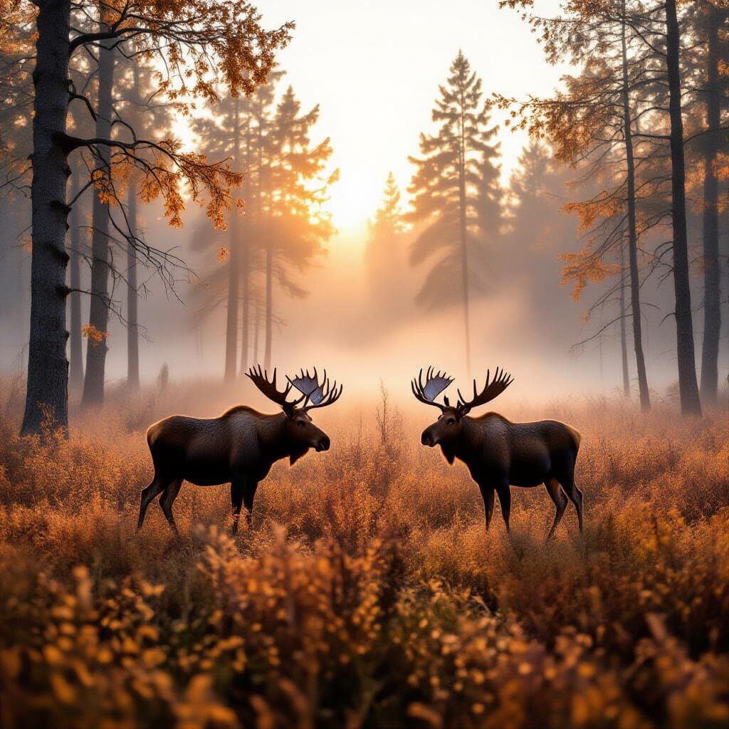 Misty Autumn Forest Morning with Grazing Moose