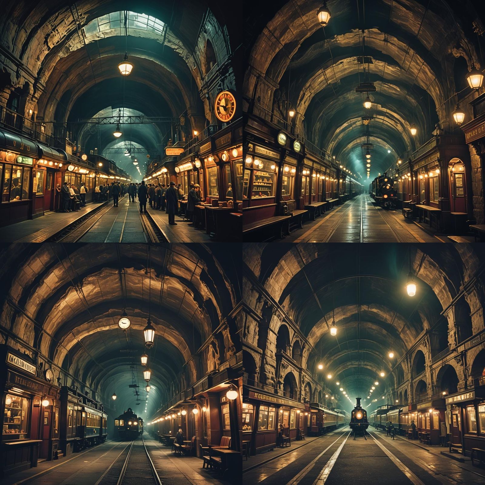 Victorian Train Station in Cavern with Neon Lights