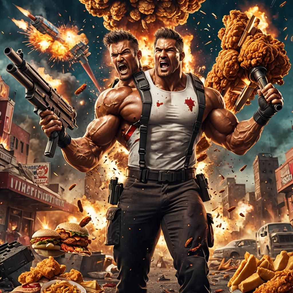 Muscular Man with Bazooka and Chicken Sandwich