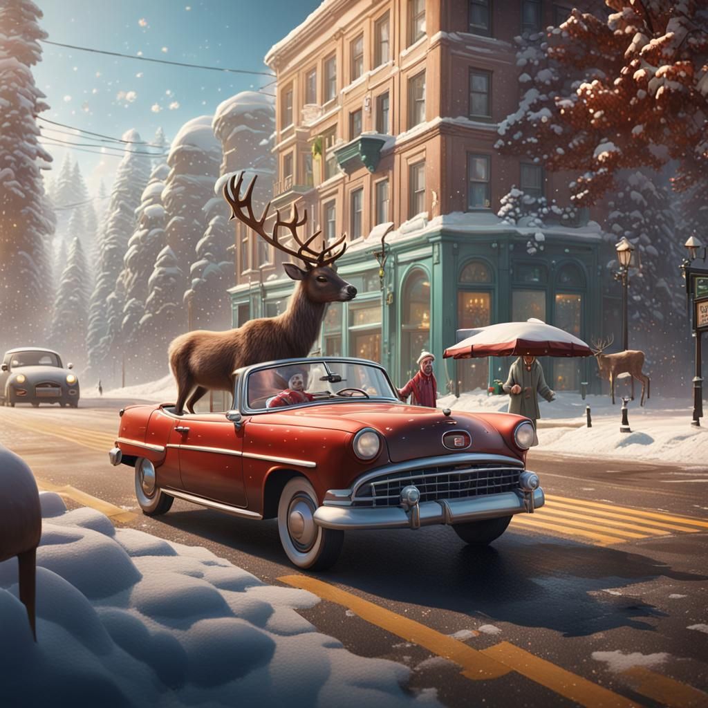Reindeer in Convertible Car Stops for Elderly Grandma
