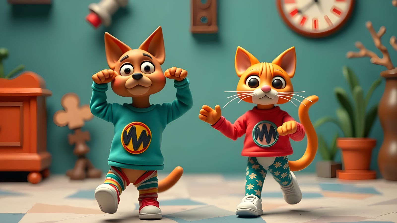 Claymation Dog and Cat Exercising, Stop Motion Animation